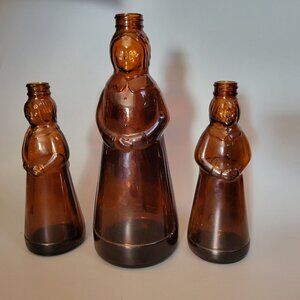 Set Of 3 Vintage Mrs Buttersworth Amber Glass Bottles Women Figurines